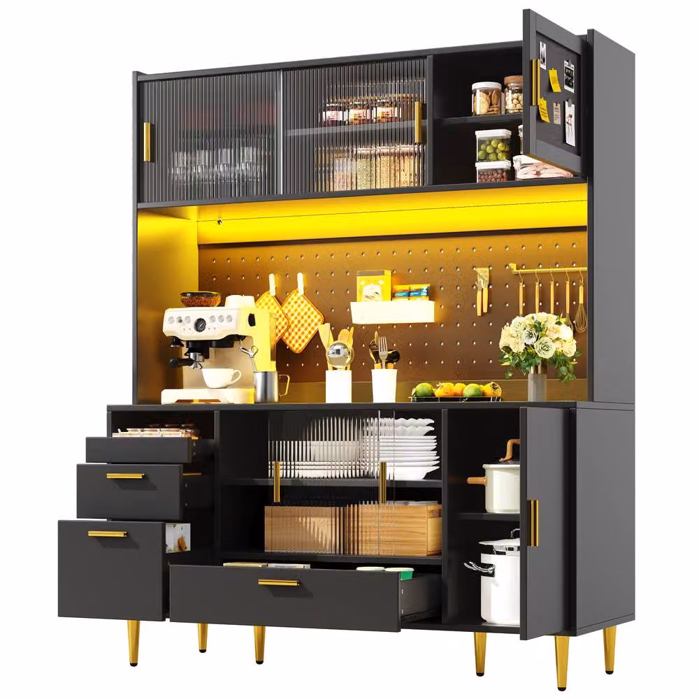 ModernLuxe Black Matt Kitchen Tall Unit with Glass Doors, Drawers and Integrated Lighting, H 180 x W 40 x D 40 cm – 6