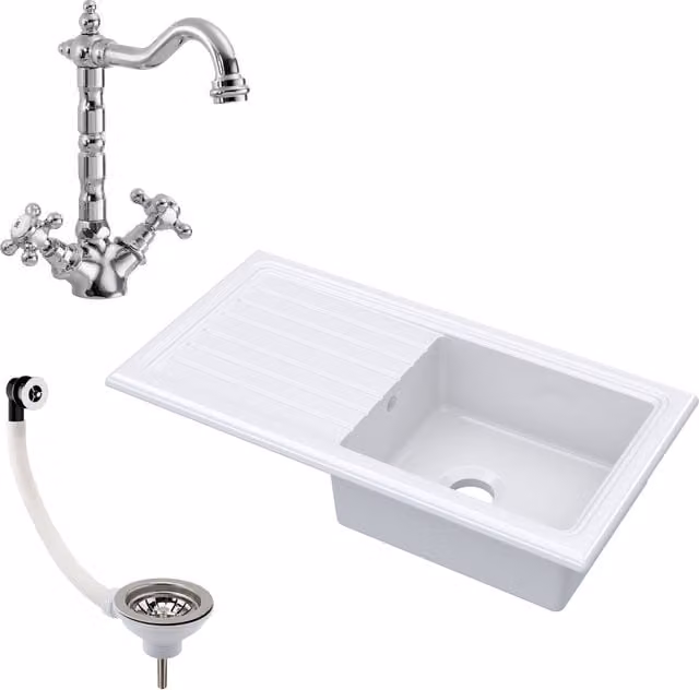 Balterley White Ceramic Fireclay Drop In 1 Bowl Sink with Drainer Tap Waste, Width: 1010 mm