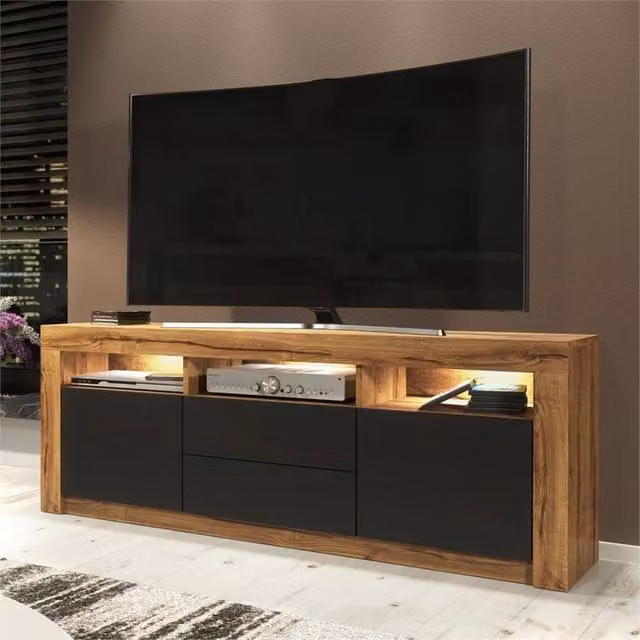 PAWNORA Modern TV Unit with Oak Matt Body and Black Matt Doors