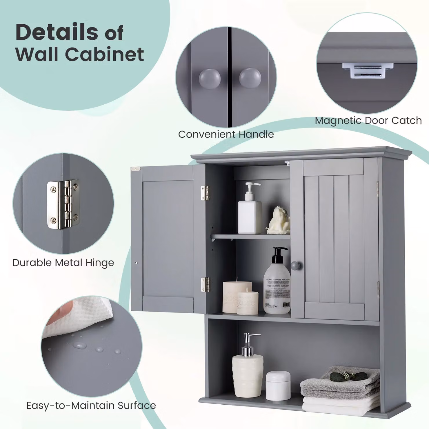 Costway Grey Wall Mounted Bathroom Storage Cabinet with Internal Shelves and Hinged Doors – 3