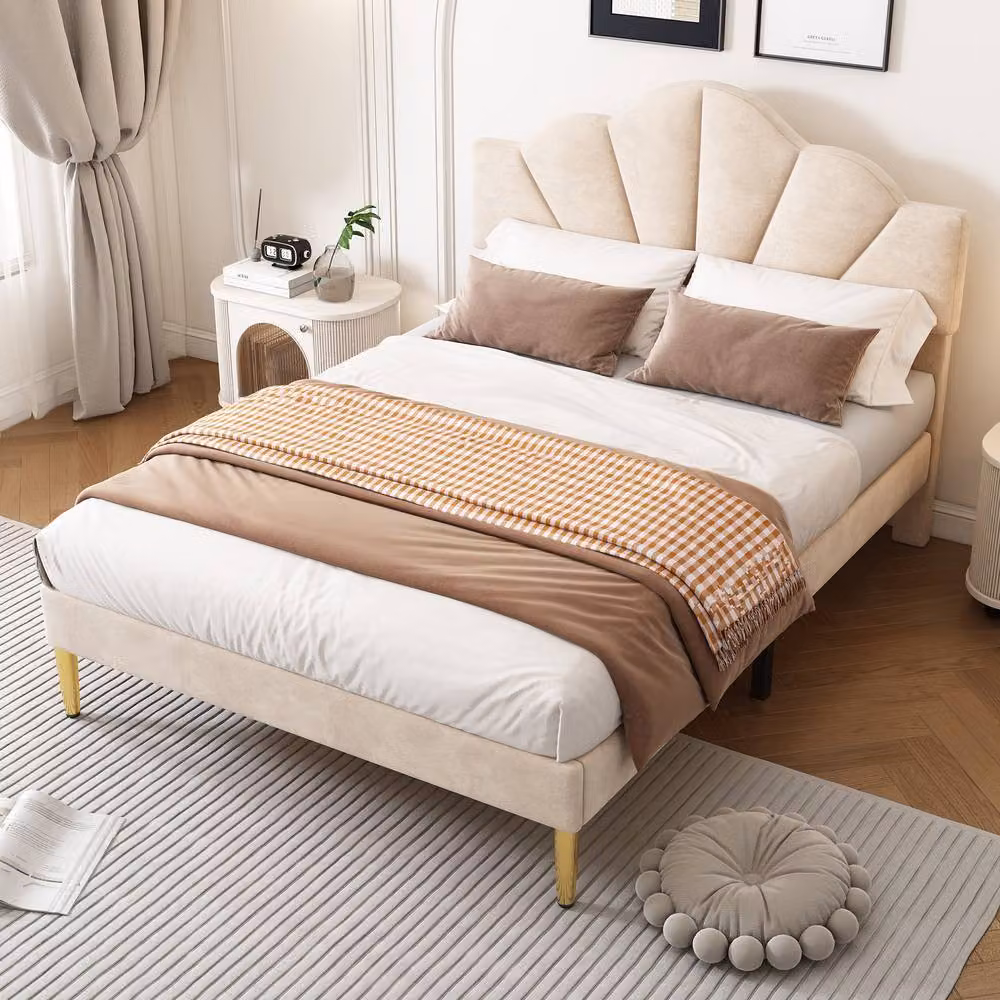 Matteo Velvet Upholstered Double Bed in Beige with Under-Bed Lighting and Drawers, W/D/H: 140 x 200 cm – 3