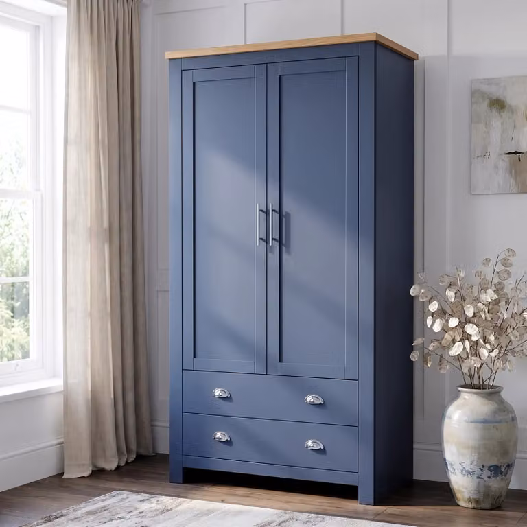 DHS Shaker Double Wardrobe with Internal Drawers and Hanging Space in Blue, H 180 x W 104 x D 52 cm