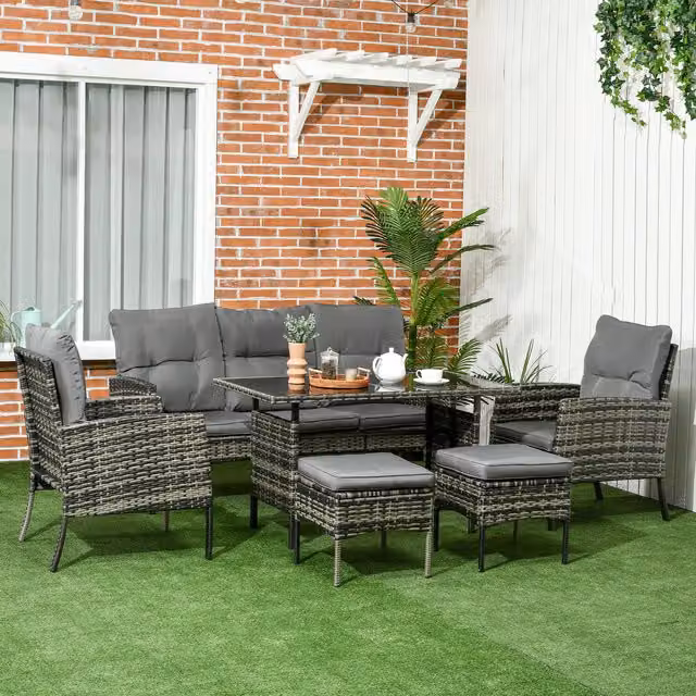 Outsunny Modern Grey Rattan Garden Furniture Set with Armchairs, Sofa and Footstools