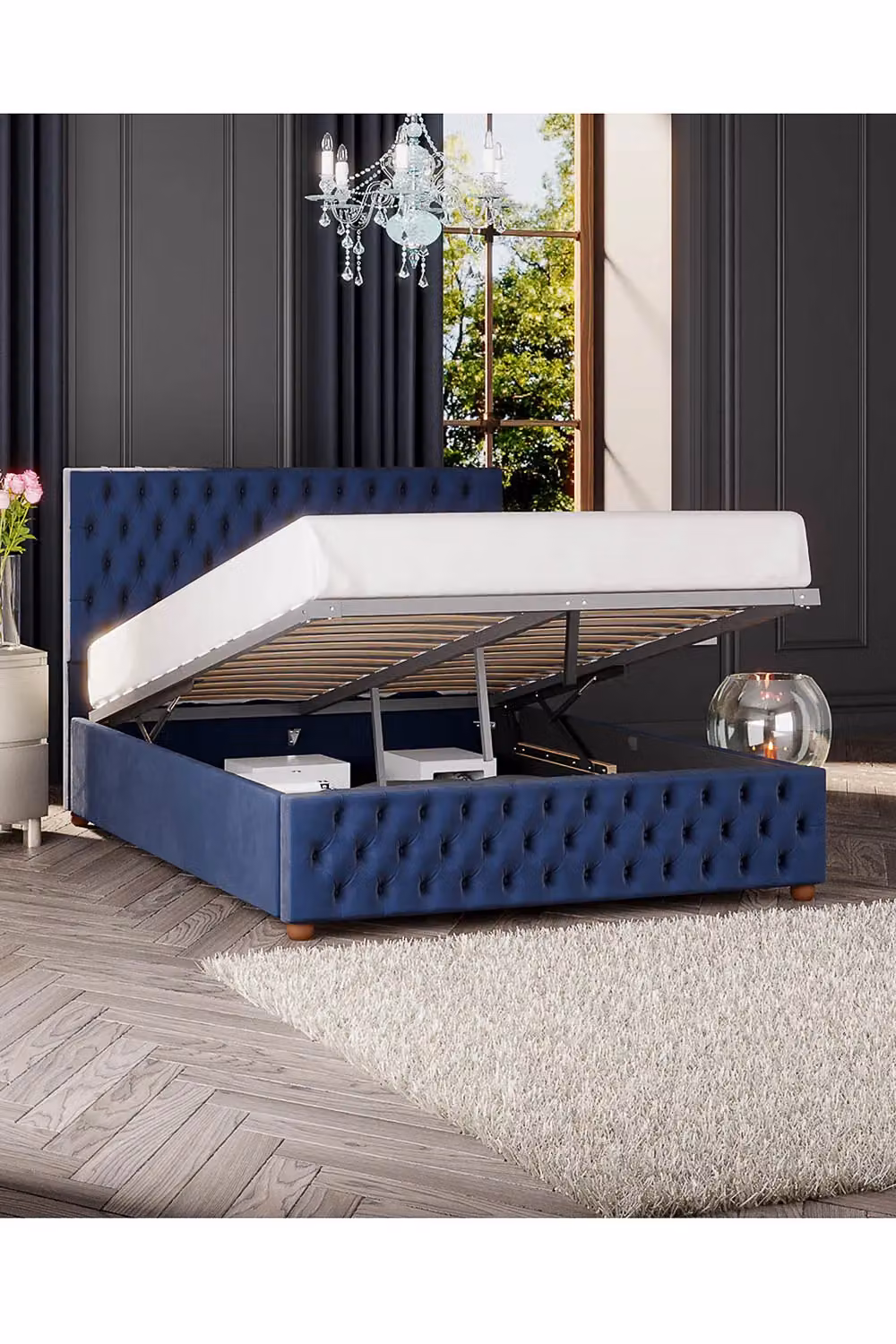 Laurence Llewelyn-Bowen Seren Ottoman Storage Bed in Navy Plush Velvet Fabric, Double Size (140 x 200 cm) – 2
