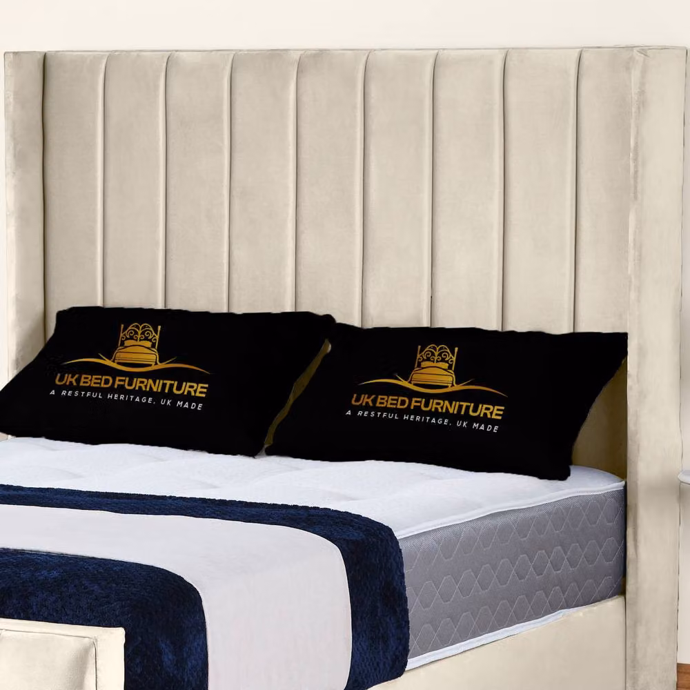 UK Bed Furniture Empire Winged Gas Lift Ottoman Upholstered Bed in Beige Velvet, Size: Double (140 x 200 cm) – 2