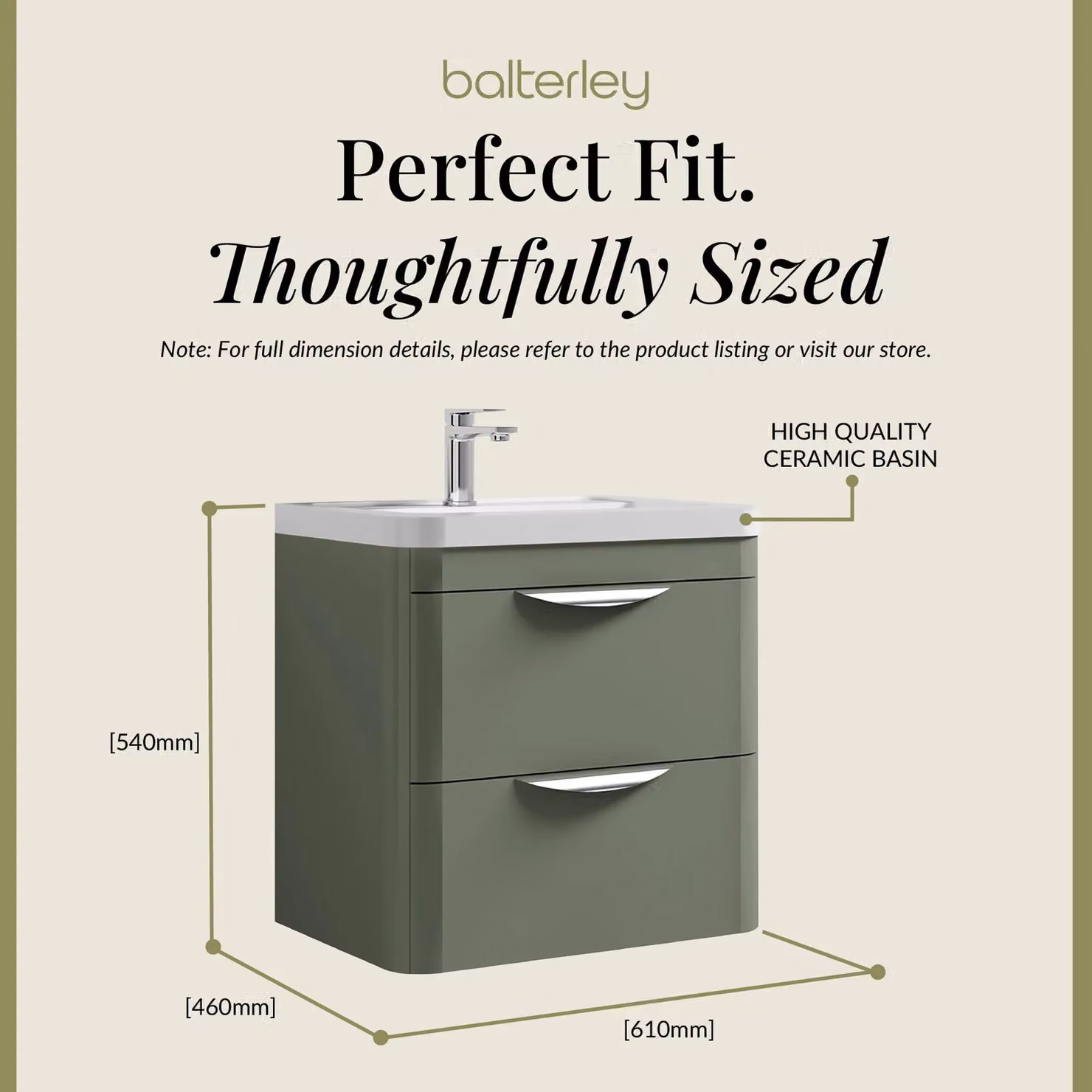Balterley Contemporary Wall Hung 2 Drawer Bathroom Vanity Unit, Green, W: 61.0 cm – 3