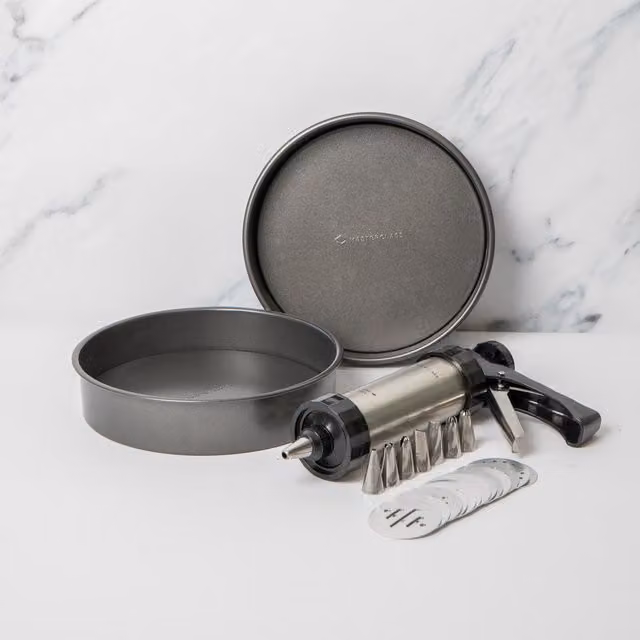 Masterclass 24-Piece Non-Stick Grey Baking Set with Two 20cm Round Loose Base Cake Tins, Biscuit Press and Icing Set