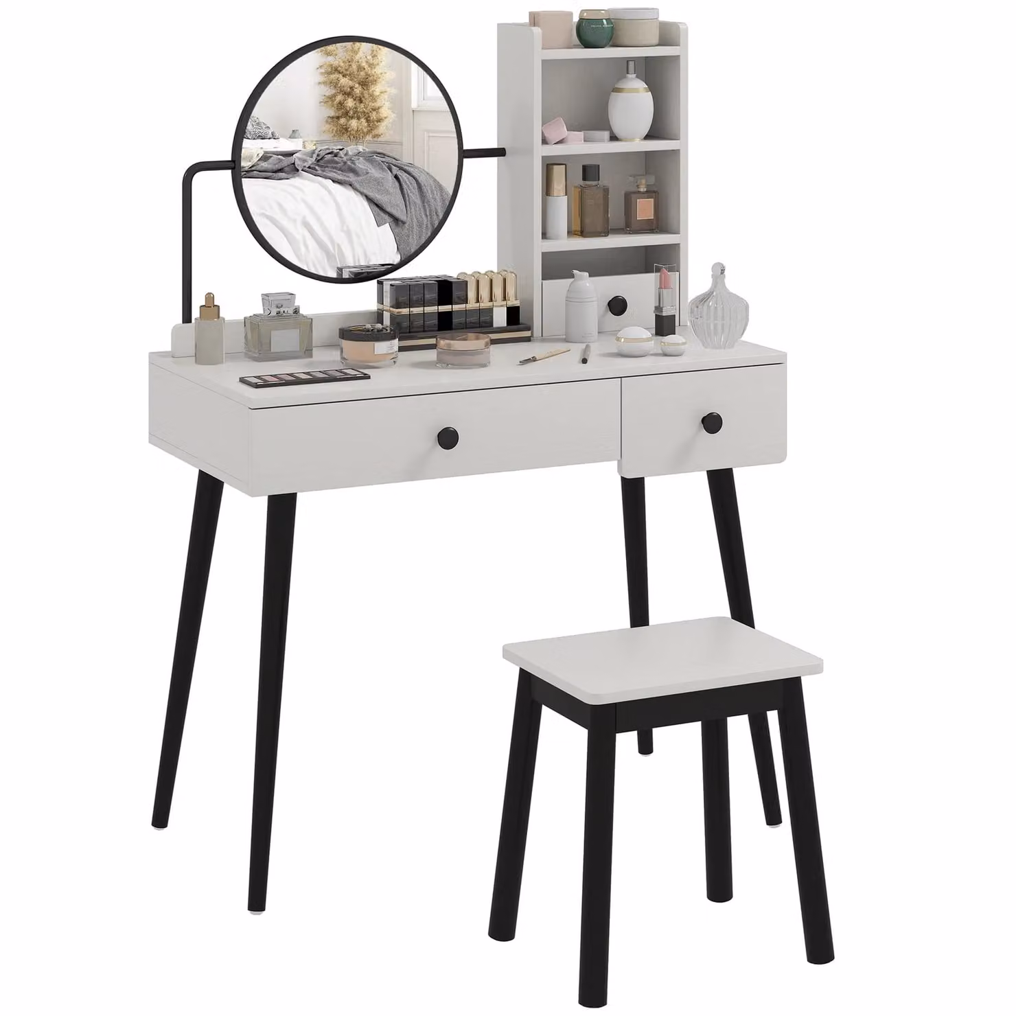 HOMCOM Modern Grey Dressing Table Set with Rectangular Mirror and Wood Finish – 2
