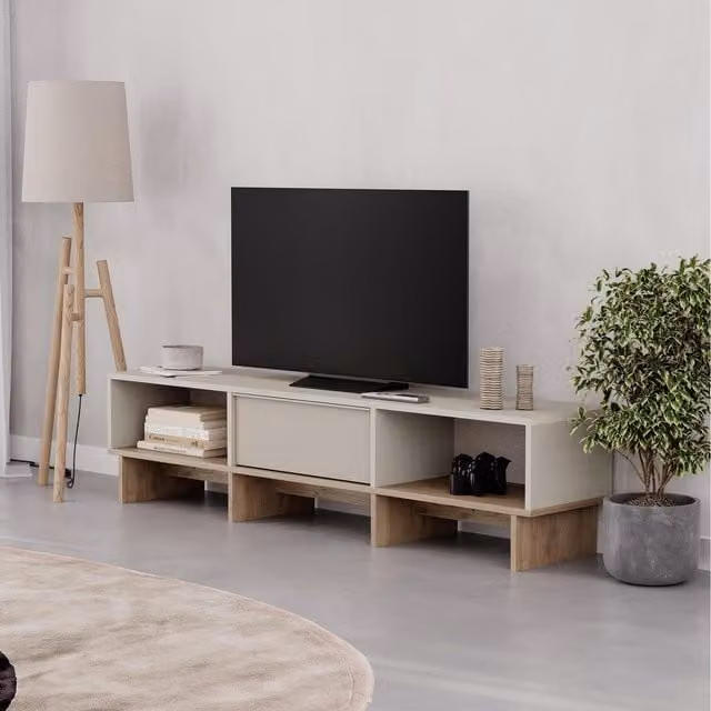 Hocus Picus Wall-Mounted Scandinavian TV Stand in Beige Oak with Soft-Close Drawers and Media Compartments, W: 118 cm, D: 35 cm, H: 40.8 cm