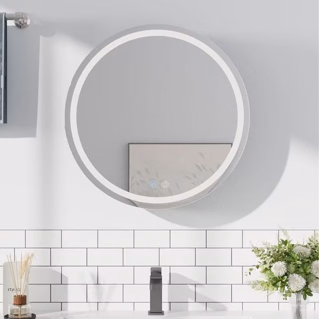 Lifeideas Modern Black Round Bathroom Mirror Cabinet with Dimmable LED and Anti-fog Function