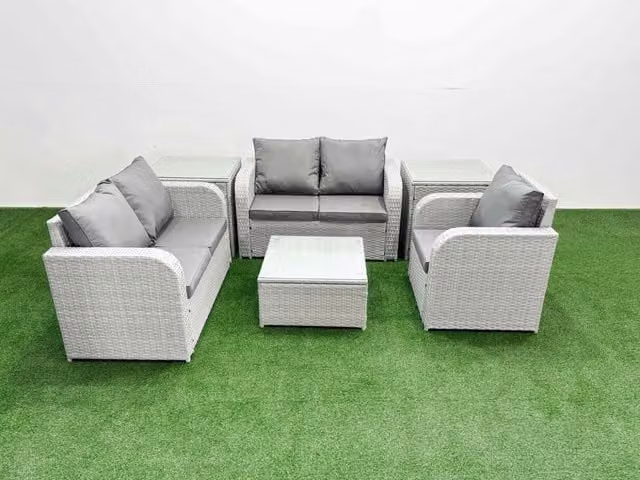 Fimous Grey Poly Rattan Garden Furniture Set with 2-Seater Sofa, Reclining Armchair, Coffee Table and 2 Side Tables