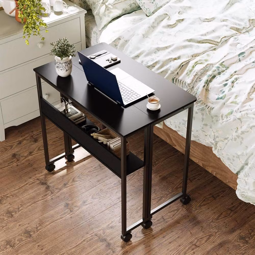 London Boutique Folding Computer Desk with Storage Shelf and Castors, Black – 7