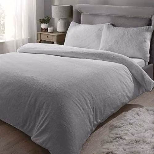 Rapport Home Teddy Fleece Polyester Duvet Cover Set and Pillowcase in Silver, Single, W/D/H: 135 x 200 cm and 50 x 75 cm