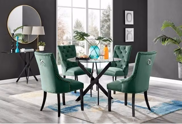 FurnitureboxUK Novara Round Glass Dining Table with 4 Belgravia Chairs in Black and Green
