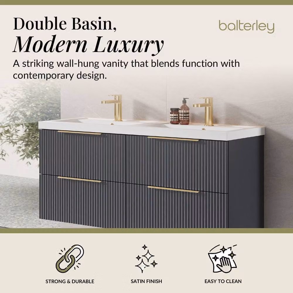 Balterley Fluted Front Wall Hung 4 Drawer Vanity Basin Unit, Dark Grey, W: 120 cm – 2