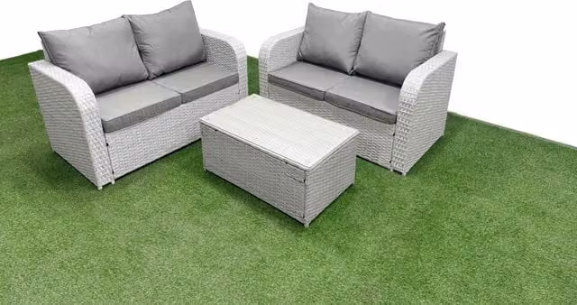 Fimous 4 Seater Rattan Garden Furniture Set with Outdoor 2 Seater Sofa, Coffee Table and Weather Resistant Cushions in Light Grey