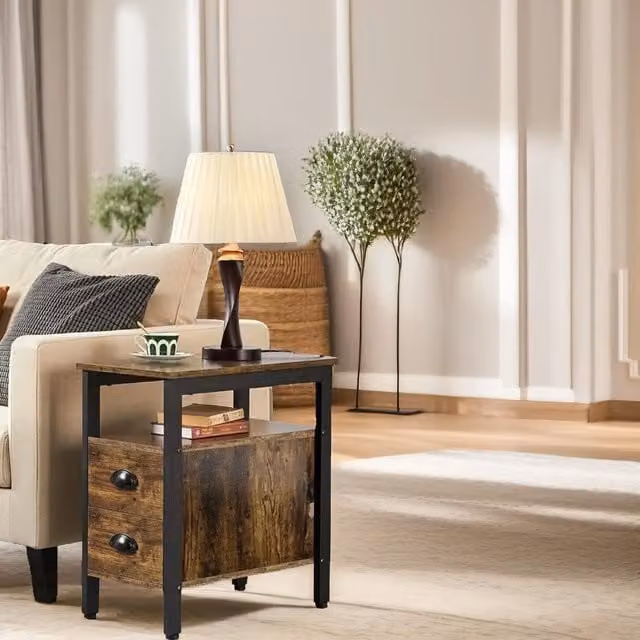 Pirlo Plush Bedside Table with 2 Drawers in Rustic Brown and Black