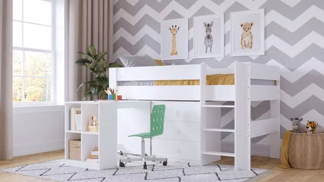 Kidsaw Mid Sleeper Single Bed Bundle with Desk and Drawers in White