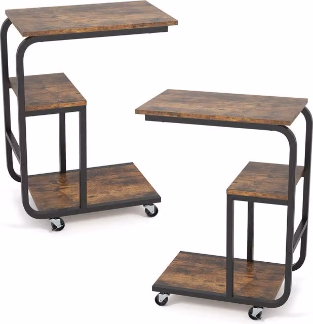Gymax Set of 2 Industrial C-Shaped Rolling End Tables in Brown – 1