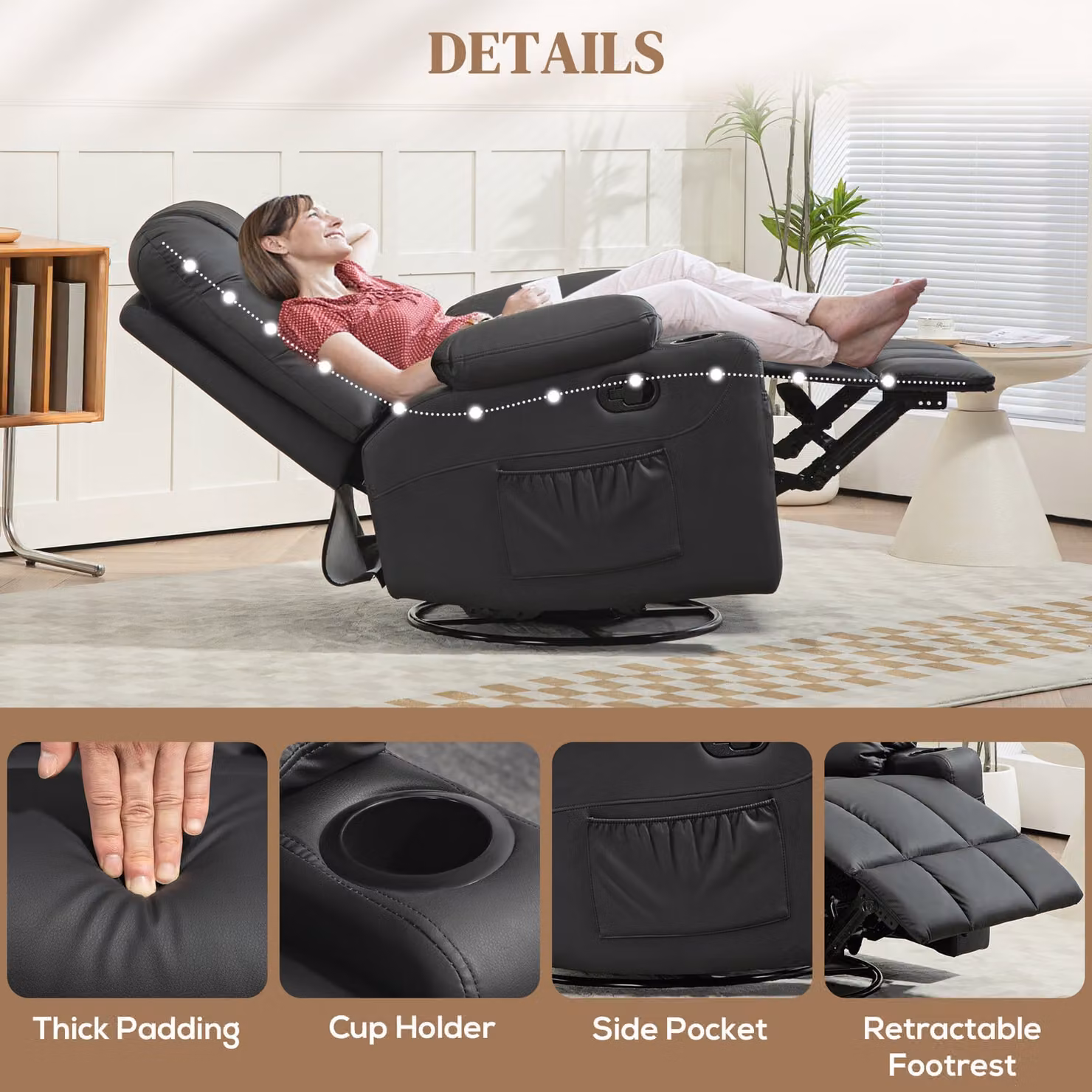 HOMCOM Manual Reclining Armchair with Swivel and Footrest in Black Faux Leather, H 102 x W 86 x D 93 cm – 5
