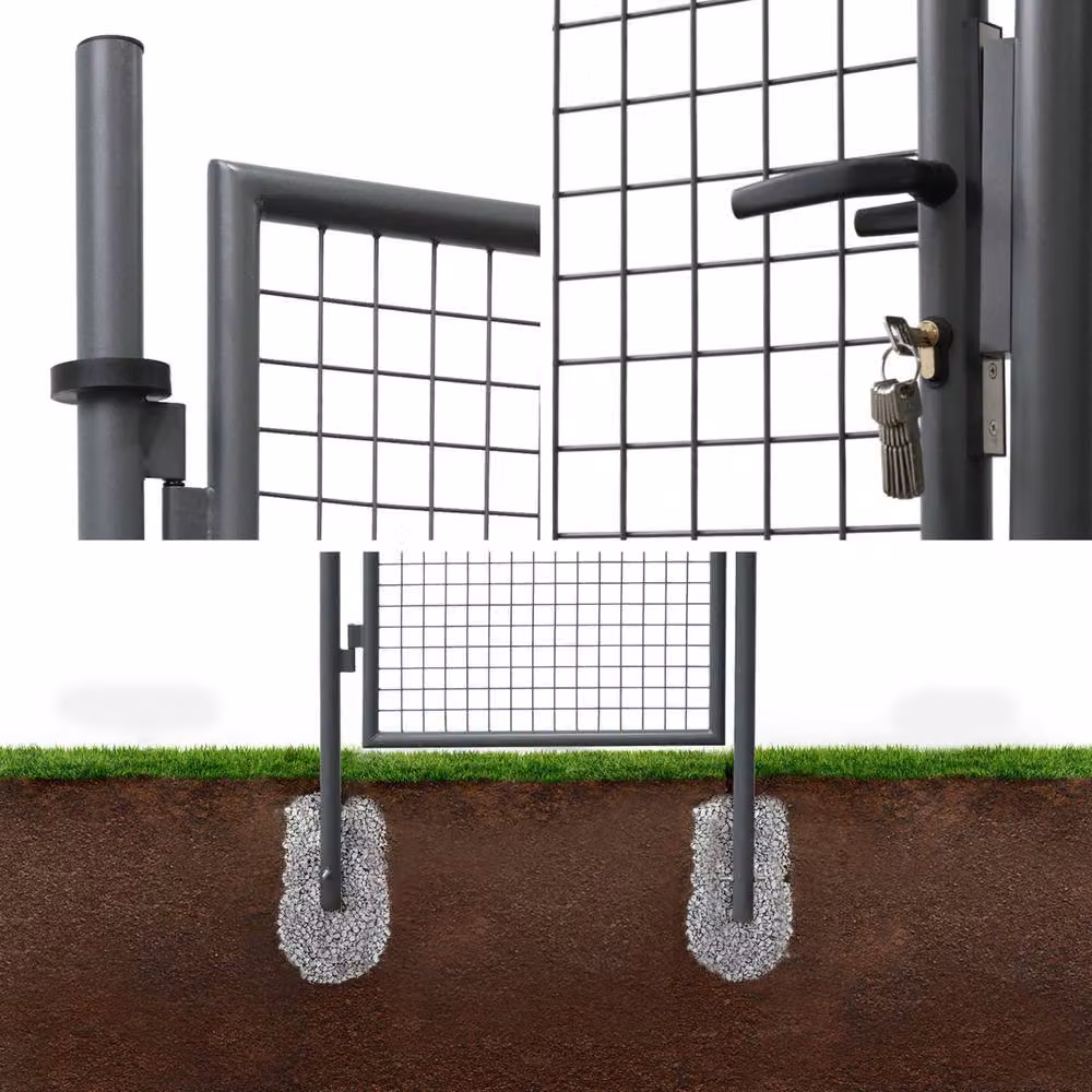 sweeek Metal Mesh Double Swing Garden Gate with Lock and Handle in Dark Grey, W: 150 cm, H: 87 cm – 2
