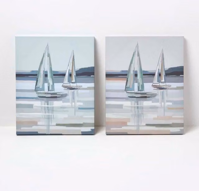 Homescapes Coastal Canvas Wall Art Set of 2, Maritime Landscape Scenes in Grey, Blue and White, W: 40 cm, H: 50 cm each