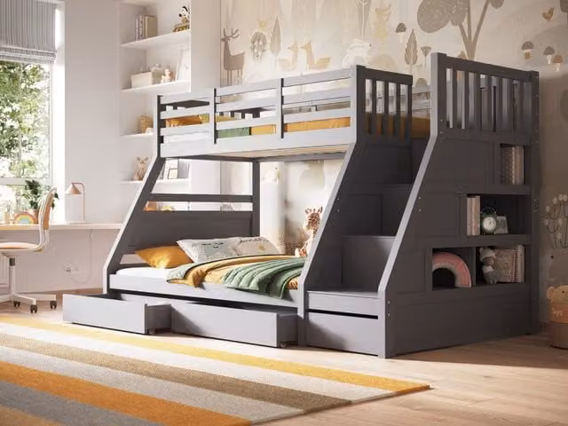 Flair Furnishings Lunar Wooden Triple Bunk Bed in Grey with Stairs and Drawers, W/D/H: 200 x 90 x 144.5 cm – 1