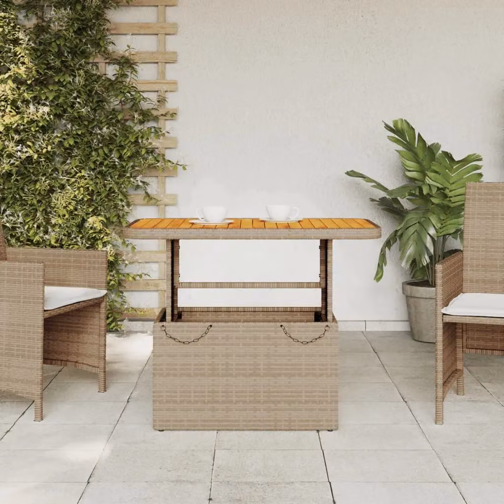 Berkfield Home Beige Poly Rattan and Acacia Wood Garden Table W/D/H: 90 x 55 x 71 cm – 3