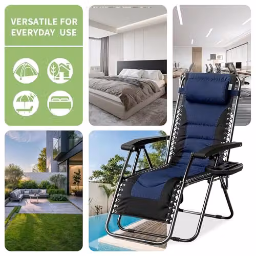 MCC Direct Set of 2 Zero Gravity Reclining Sun Lounger Chairs in Black and Blue Oxford Fabric – 8