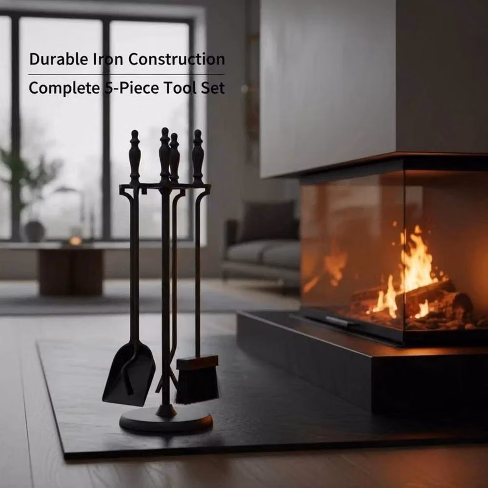 VOGREX Milan 5-Piece Cast Iron Fireplace Tool Set with Stand in Black – 3