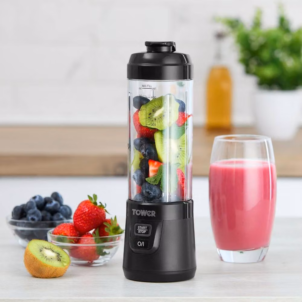 Tower Portable Rechargeable Blender in Black with Stainless Steel and Plastic Parts – 6