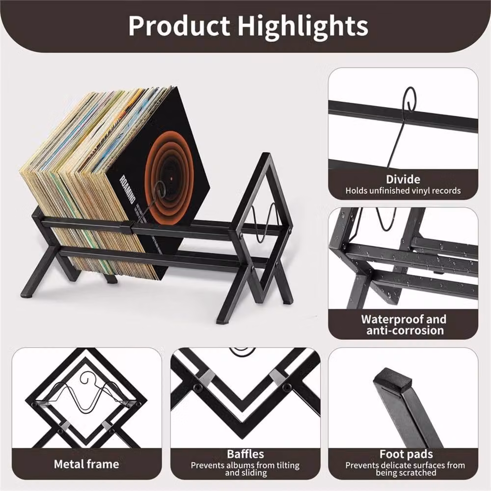 VOGREX Black Metal Vinyl Record Organizer Holder for 80-100 LPs – 5
