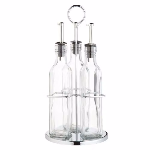 KitchenCraft World of Flavours 4 Piece Oil and Vinegar Bottle Set with Stainless Steel Stand and Glass Bottles in Transparent and Silver