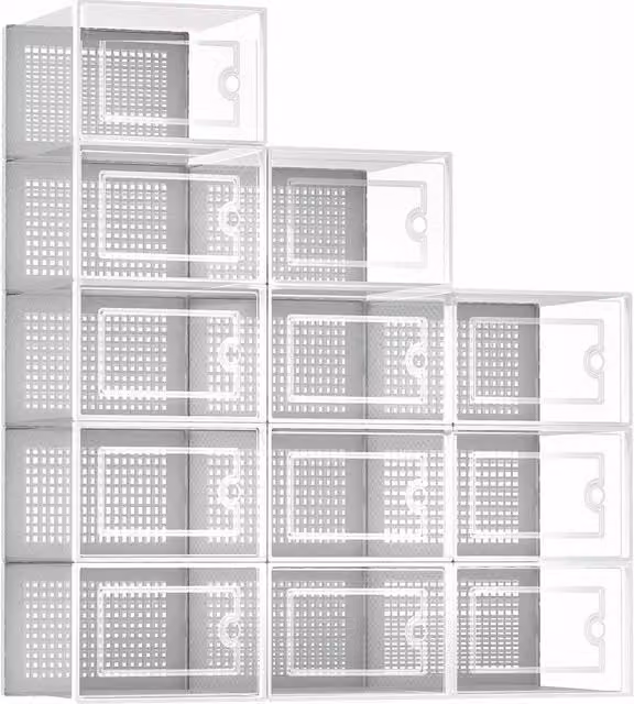 PAWNORA Stackable White and Transparent Plastic Shoe Storage Box Rack, 12 Pack