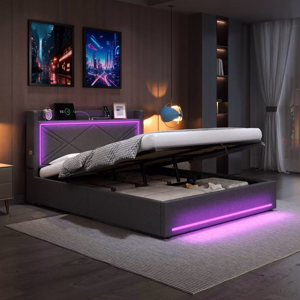 Matteo King Size Linen Upholstered Ottoman Bed Frame with Storage, LED Lighting and USB Charging Port in Grey – 2