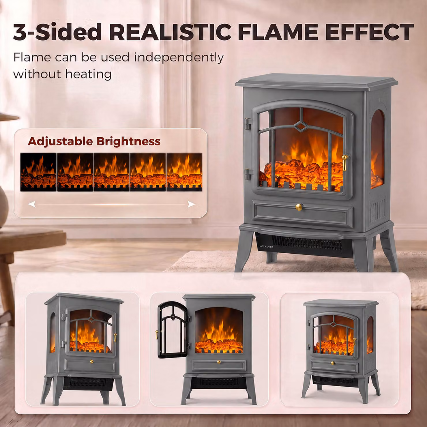 HOMCOM Electric Fireplace Stove, 1000/2000W 3-Sided Freestanding Fireplace Heater with 3D Flame Log and Thermostat, Grey – 4