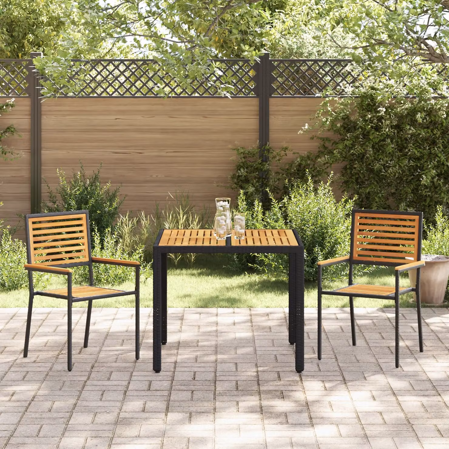 Berkfield Home 3 Piece Black Poly Rattan and Acacia Wood Garden Dining Set – 3