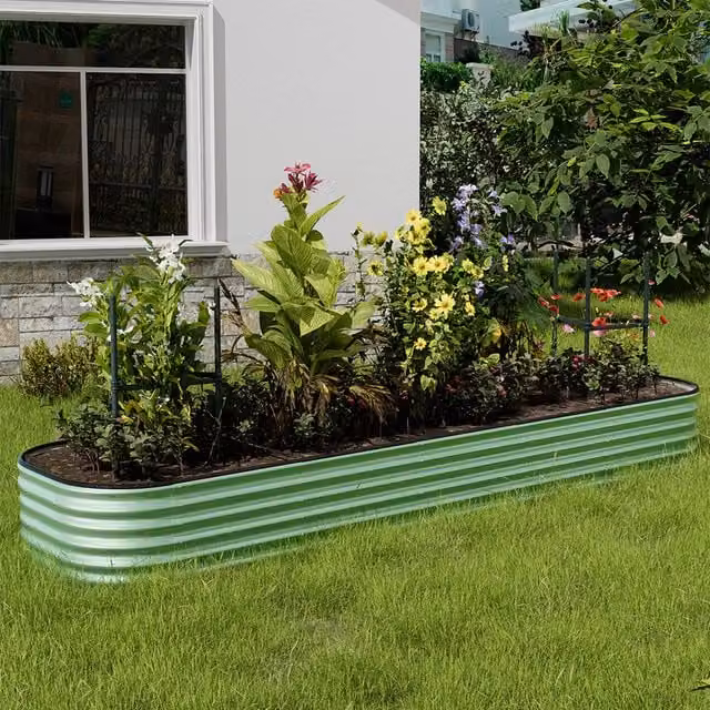 Livingandhome Silver Galvanised Steel Oval Raised Garden Bed in Light Green, 320cm