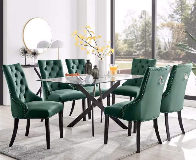 FurnitureboxUK Leonardo Green Glass Dining Table with 6 Belgravia Black Leg Chairs