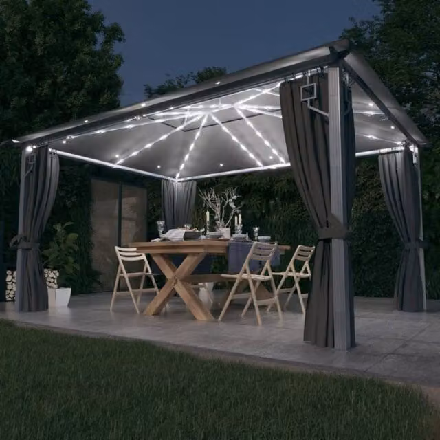 Berkfield Home Anthracite Aluminium Gazebo with Curtains and LED String Lights, W 4 m x D 3 m – 1