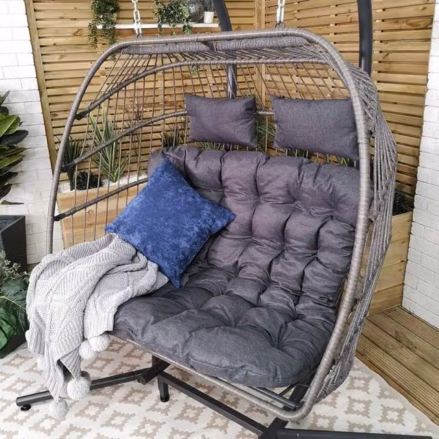 Samuel Alexander Grey Polyrattan 2 Seater Double Hanging Egg Chair with Weatherproof Fabric Cushions