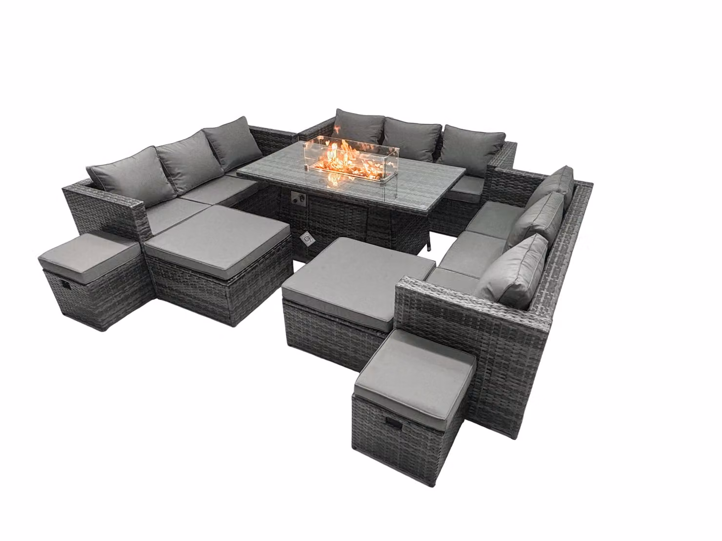 Fimous 13 Seater Rattan Garden Furniture Firepit Dining Set with Lounge Sofa, Table and 4 Footstools in Dark Grey – 2