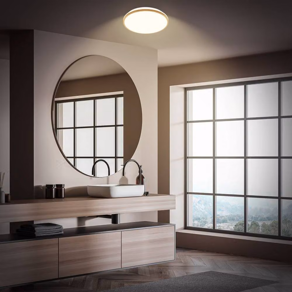 Briloner Modern Round LED Ceiling Light for Bathrooms with Wood Frame, Brown, Diameter: 33 cm, 18W, 1850lm, IP44 – 7