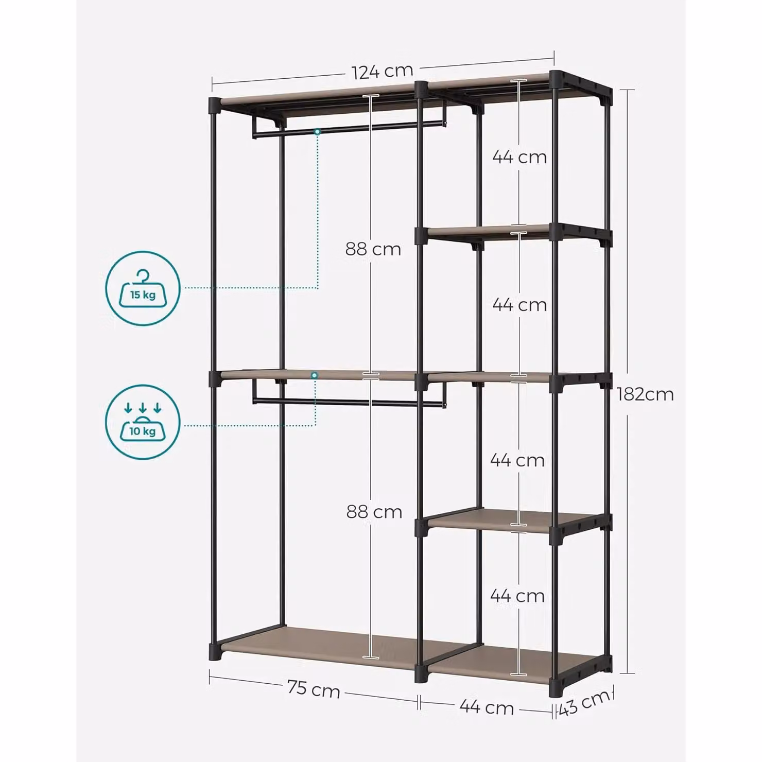 SONGMICS Open Design Clothes Storage Wardrobe with Dual Hanging Areas and Shelves, Beige, W/D/H: 43 x 43 x 182 cm – 2