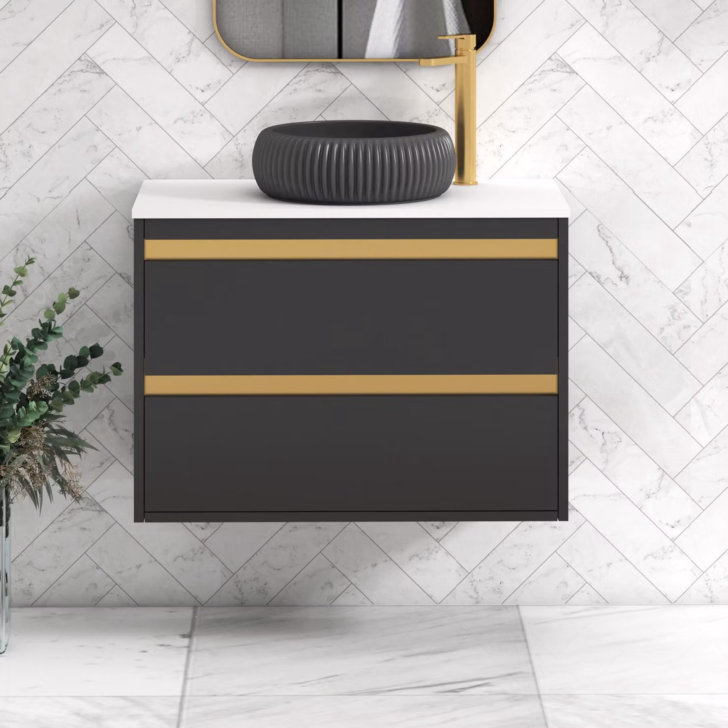 Royal Bathrooms Orion 800mm Wall Hung Vanity Unit with Milan Black Basin and Brushed Brass Accents in Matt Obsidian Black and Plain White