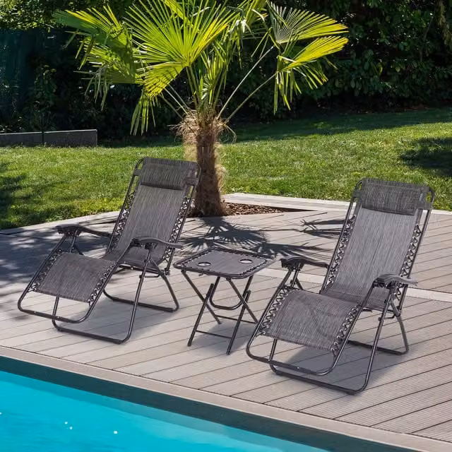 Outsunny 3-Piece Zero Gravity Folding Sun Lounger and Table Set in Light Grey with Adjustable Headrests and Cup Holders – 1