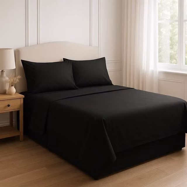 Homes-Linen 180 Thread Count Rich Percale Polycotton Blend Flat Sheet, Black, 180 x 200 cm – 1