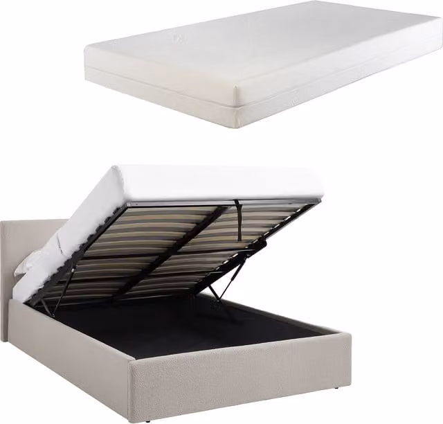TEDDY BOUCLE Single Ottoman Storage Bed in Beige with 25cm Foam Mattress, W/D/H: 90 x 190 cm