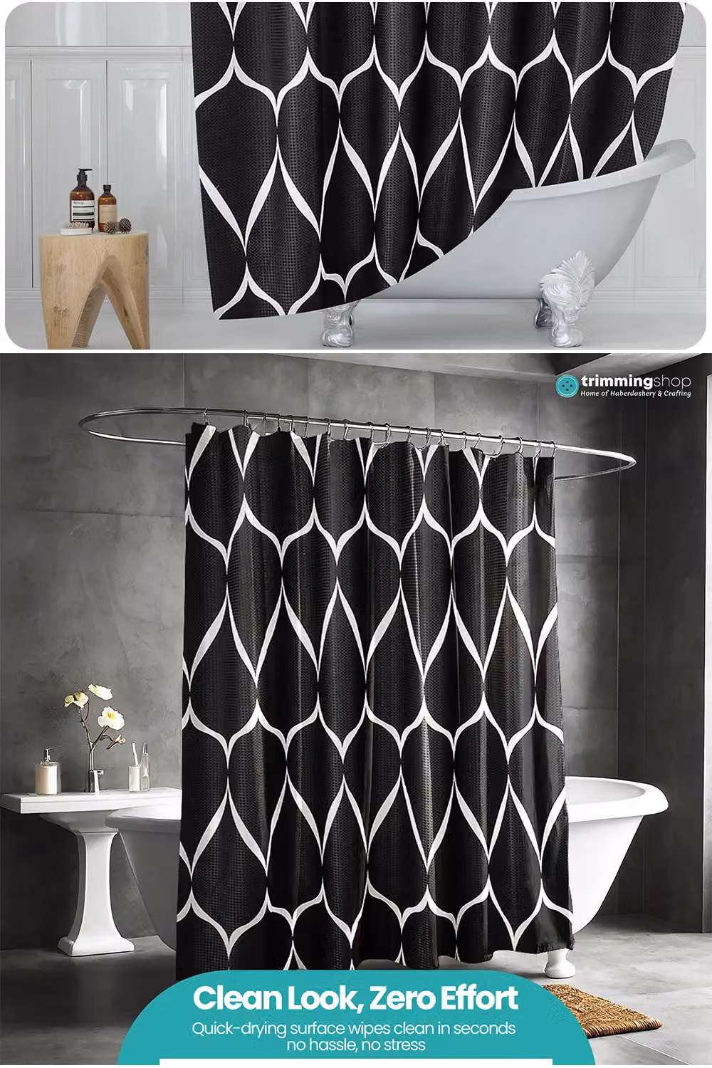 Neel Blue Lattice Design Waterproof Polyester Bathroom Shower Curtain in Black and Blue with Hooks, W: 180 cm, H: 200 cm – 5