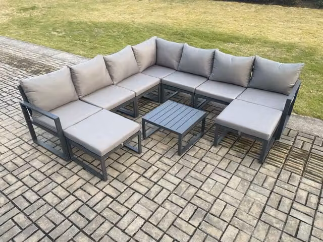 Fimous Dark Grey Powder Coated Aluminium L-Shape Garden Furniture Set with Corner Sofa, Square Coffee Table and 2 Ottomans